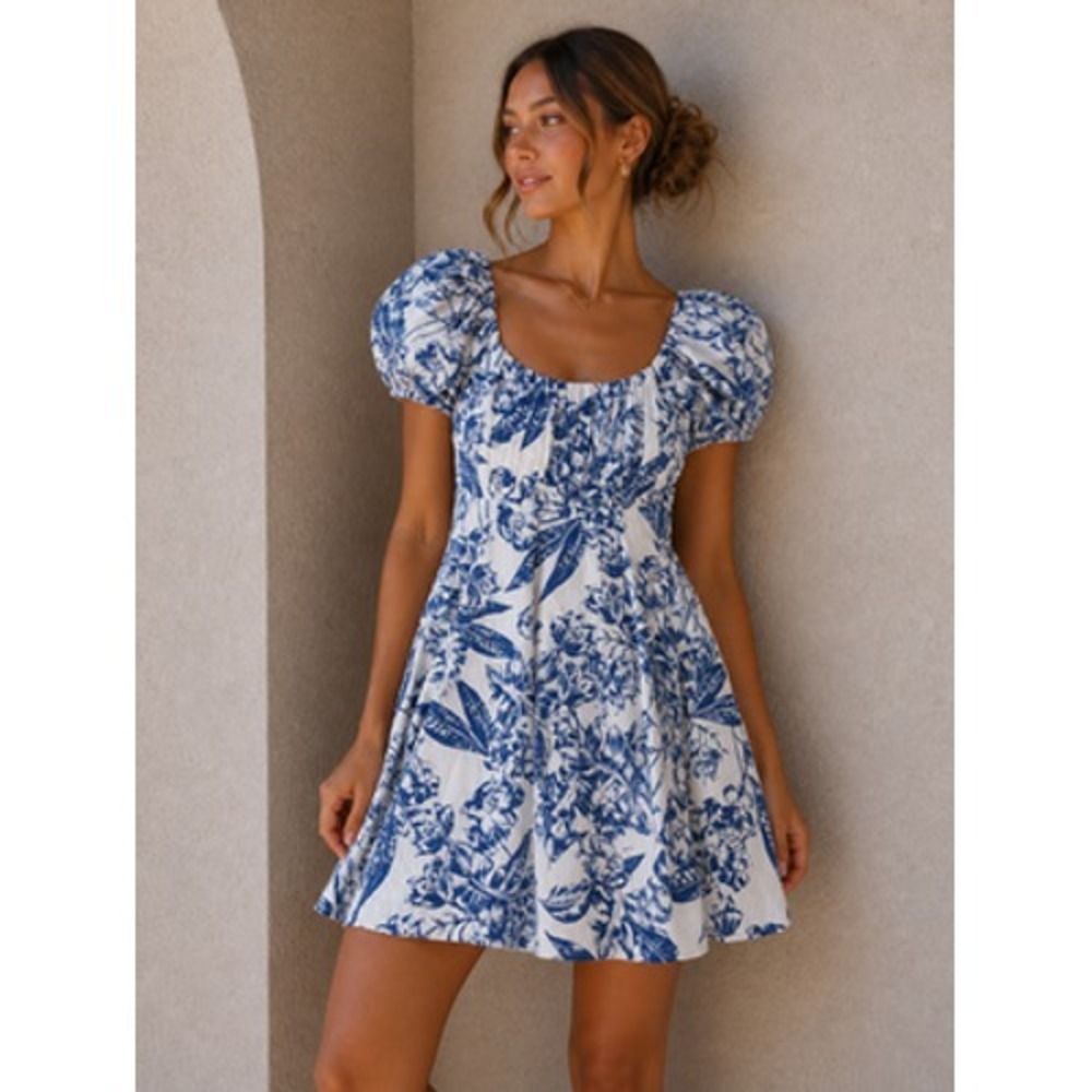 Abercrombie & Fitch Dress Womens M Blue Floral Puff Sleeve Smocked Mini Sundress
